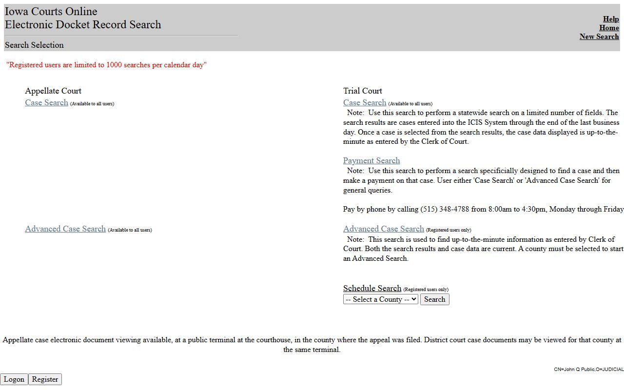 Iowa Courts Online search entry for Lucas County court records after arrest